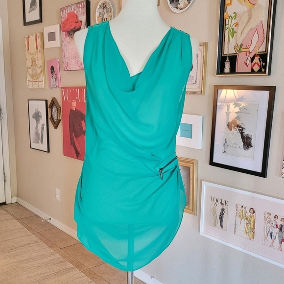 Bebe Y2K Turqouise Green Sheer Ruched Side Zipper Cowl Neck Top - Picture 3 of 7